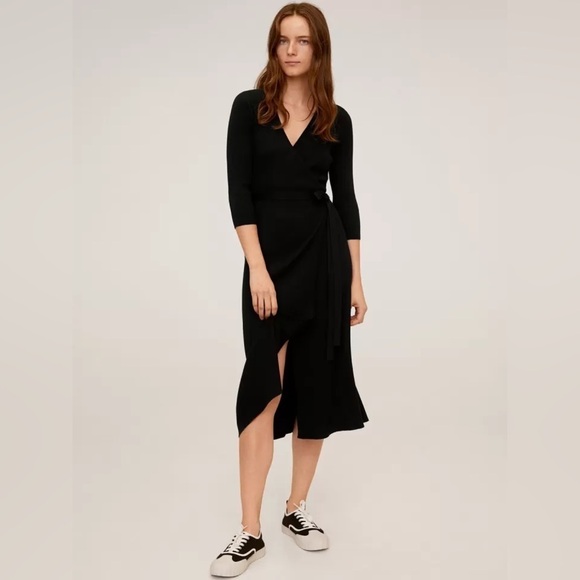 Mango Wrap Ribbed Sweater Midi Dress in Black  - MEDIUM NWT - Picture 2 of 14